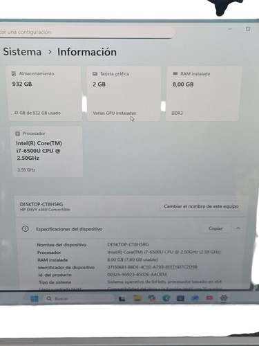 Portátil HP ENVY 1TB 8 GB Intel I7 6ta Gen.
