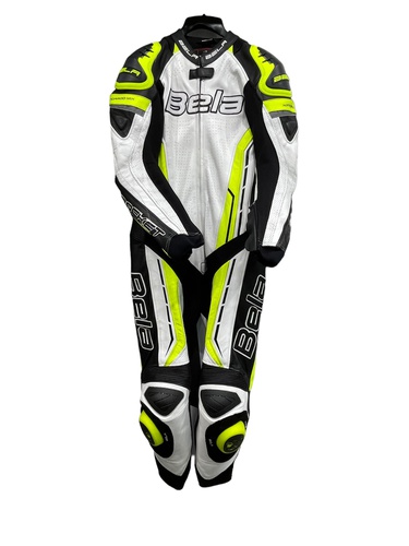 BELA TRAJE MOTORISTA CUERO NEGRO BLANCO Y A