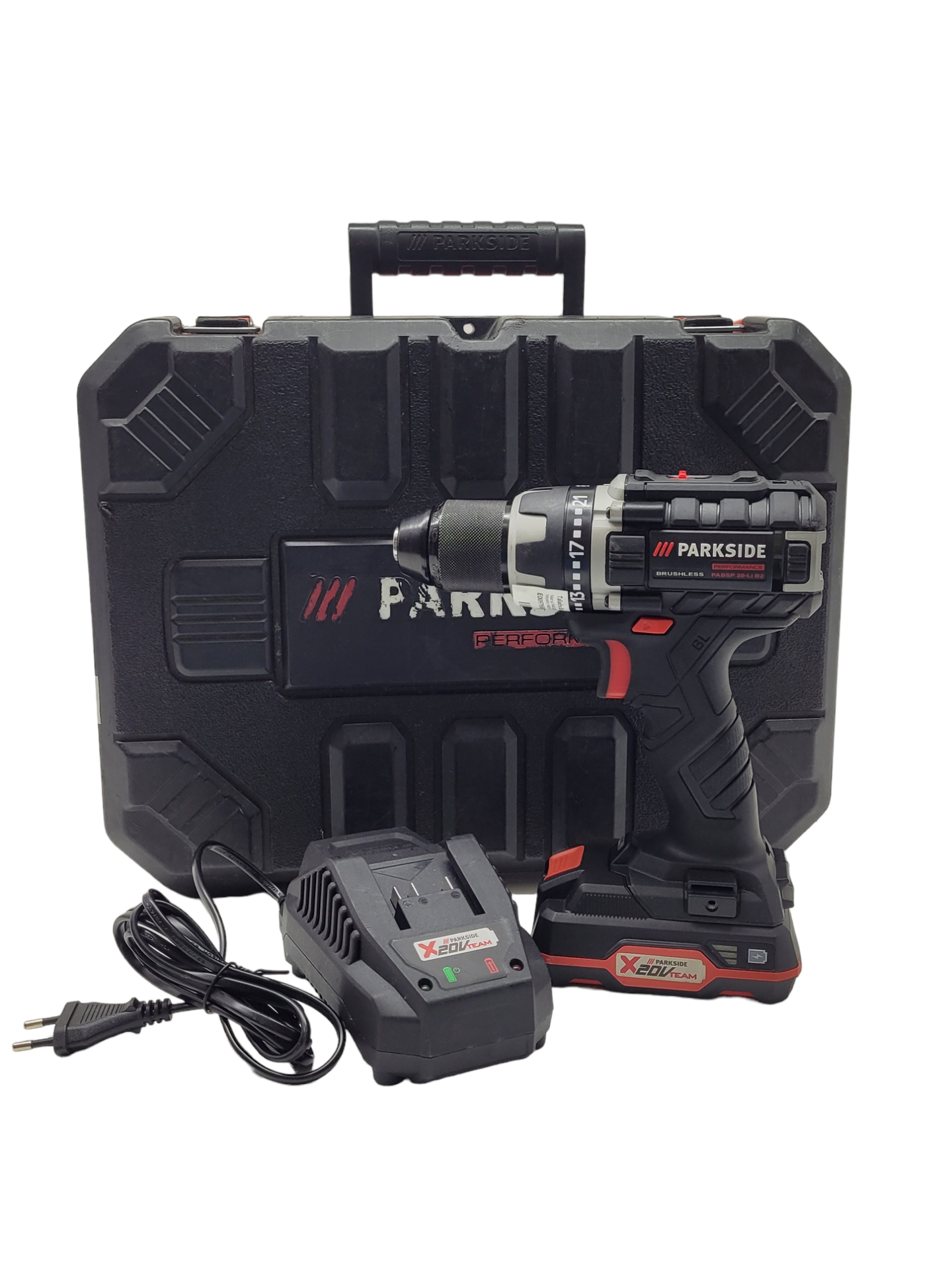 Taladro percutor a batería Parkside PABSP 20- Li X20V, sin escobillas, 2  velocidades, LED (en maletín de transporte, sin batería ni cargador)